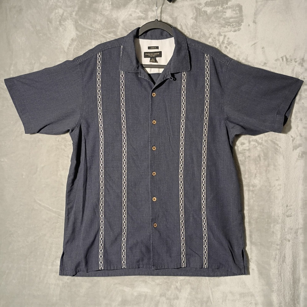 Pronto Uomo Mens Short Sleeve Silk Blend Button-Up Camp Shirt Blue‎ Sz L